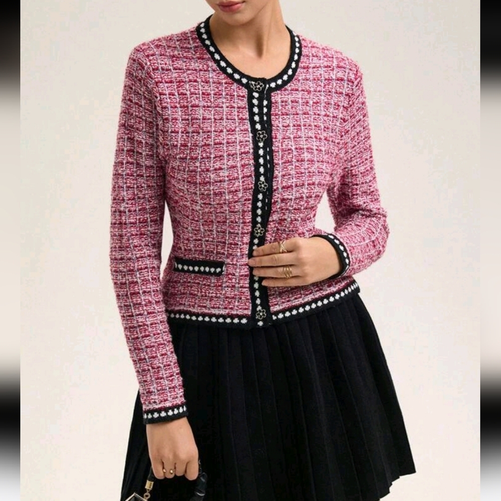 Houndstooth Contrast Polka Dot Black Trim Round Neck Button Cardigan
